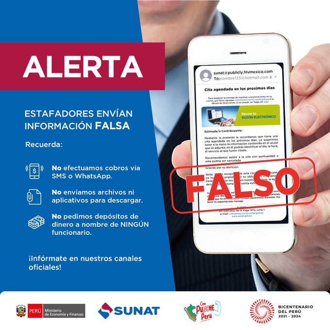 Advierten que estafadores envían correos y mensajes falsos a nombre de Sunat     