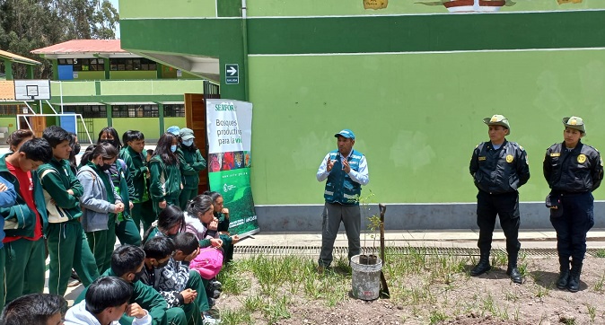 Siembran plantones de especies nativas en áreas verdes de la IE Coronel de Bolognesi