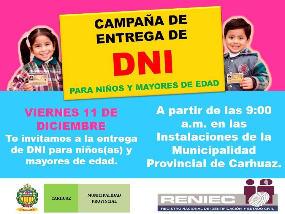 Carhuaz: campaña de entrega de DNI beneficiará a niños y adultos
