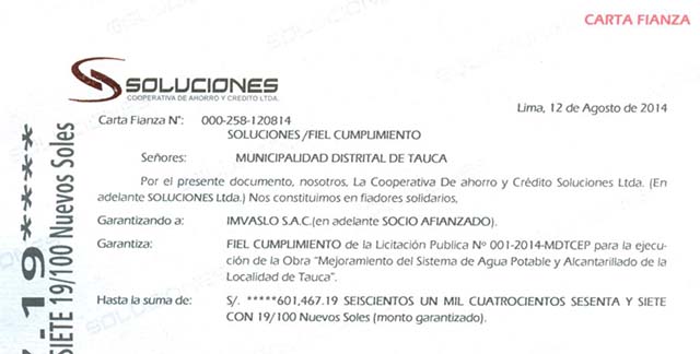 Áncash: denuncian a empresa constructora IMSALVO por presentar cartas fianzas presuntamente falsas 