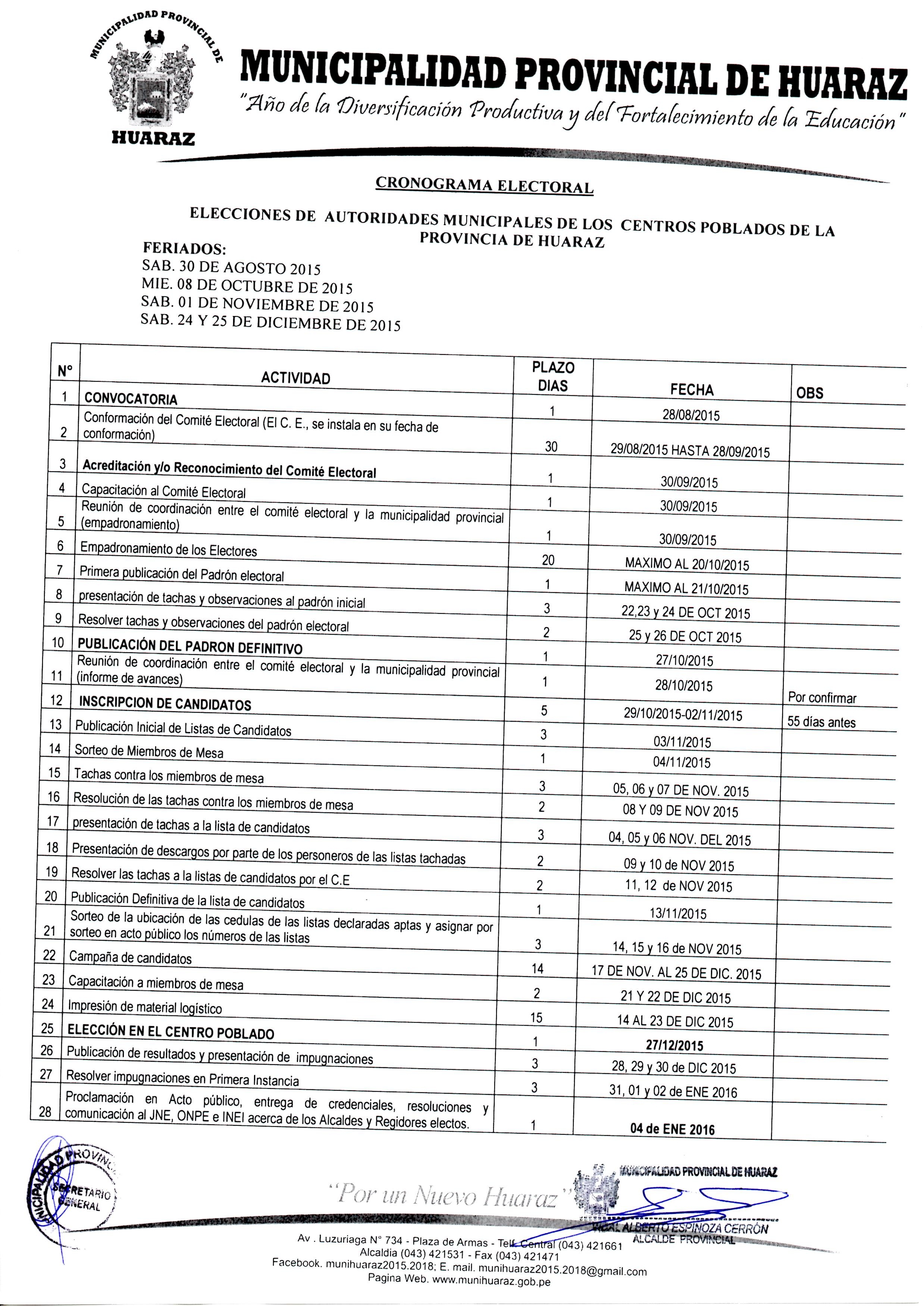 Convoca a elecciones de alcaldes en 30 centros poblados de Huaraz