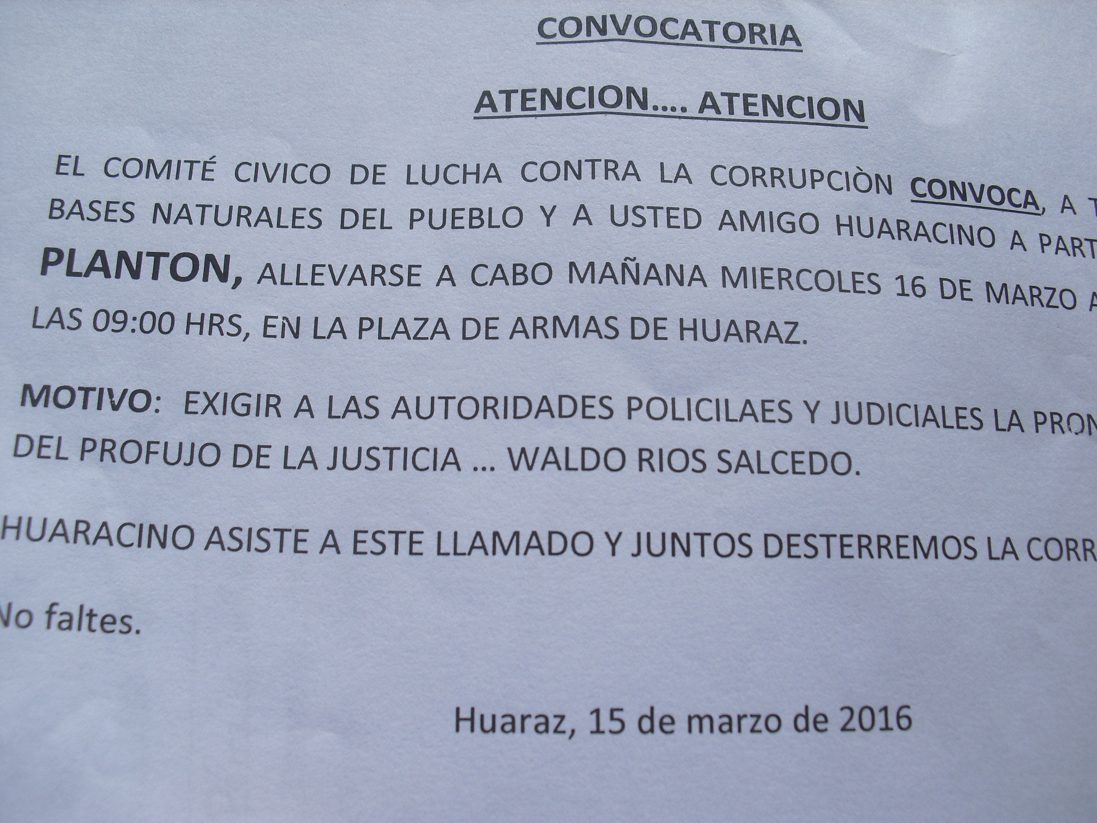 Huaraz: Comité de Lucha Anticorrupción convoca a un plantón exigiendo detención del gobernador Waldo Ríos