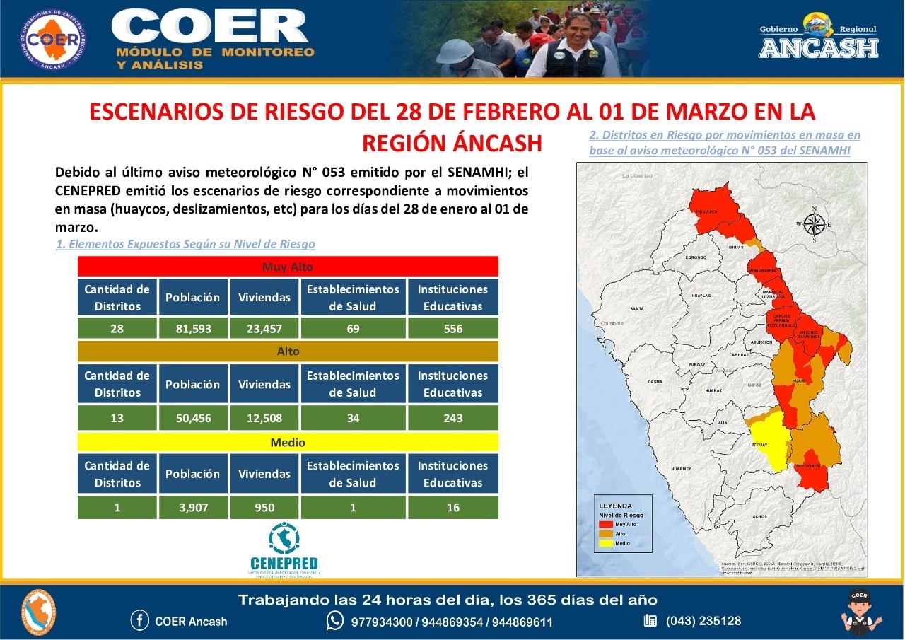 Áncash: Coer advierte lluvias de ligera y fuerte intensidad que ponen en riesgo a 41 distritos
