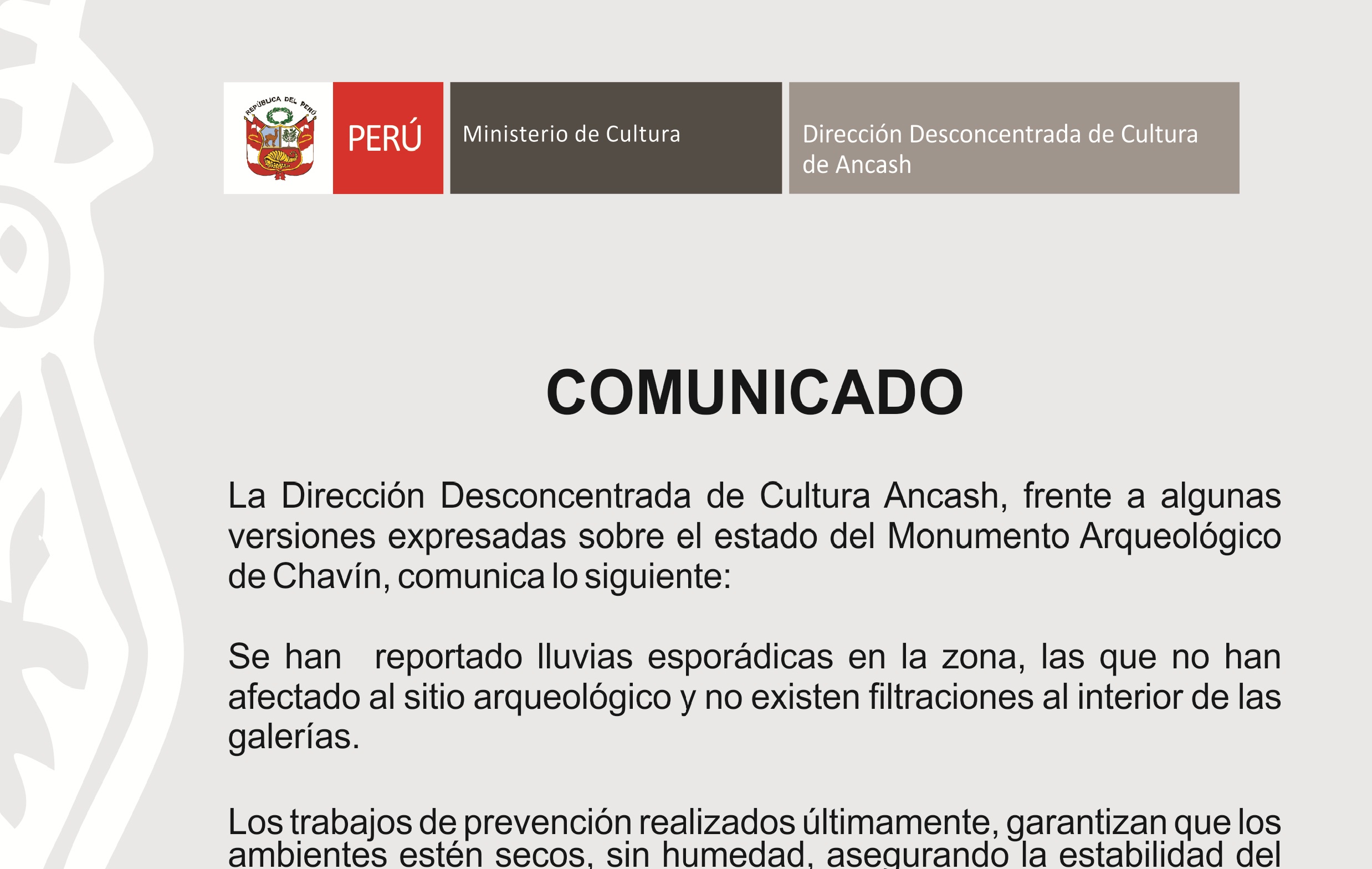 Dirección de Cultura de Ancash descarta deslizamientos en monumento Chavín