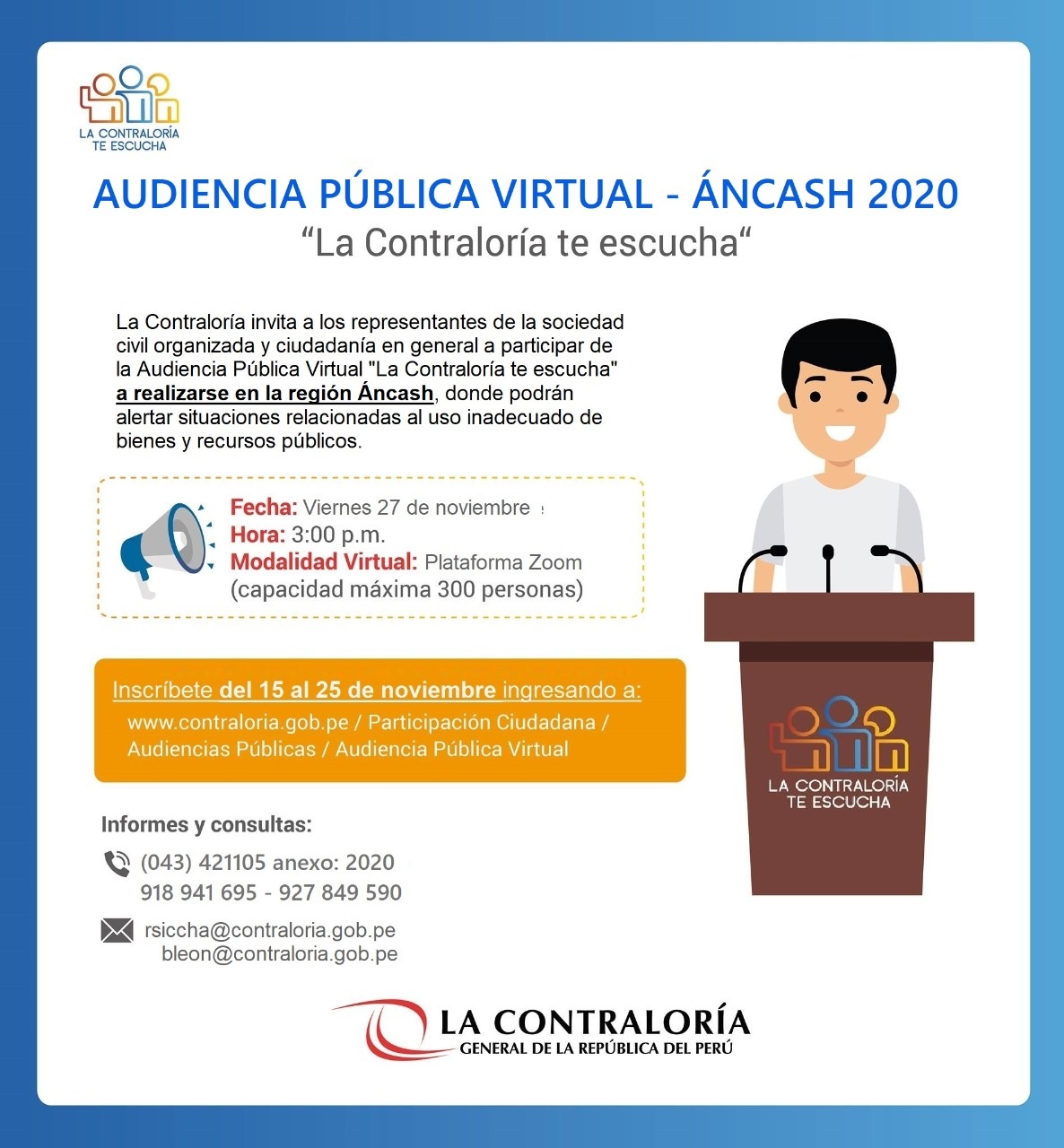 Áncash: ciudadanos podrán presentar alertas en primera Audiencia Pública Virtual de la Contraloría