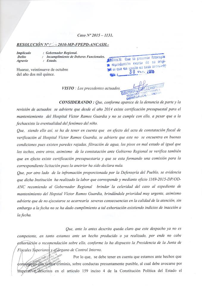 Fiscalía investigará a Waldo Ríos por incumplimiento de funciones en caso hospital huaracino