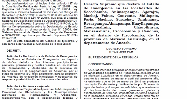 Gobierno declara en emergencia Socosbamba  y otros poblados de Mariscal Luzuriaga