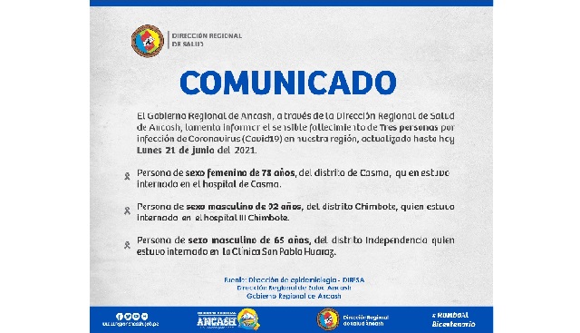 Áncash registra tres fallecidos por Covid-19, la cifra más baja desde que inició la Segunda Ola 