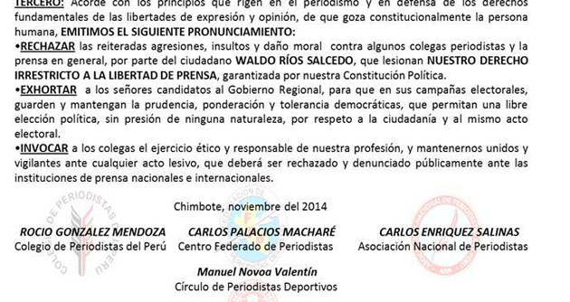 Gremios Periodísticos rechazan insultos del candidato Waldo Ríos de Puro Ancash