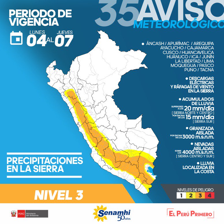 Lluvias, granizada y nevadas soporta desde hoy la Sierra de 16 departamentos, también en Áncash