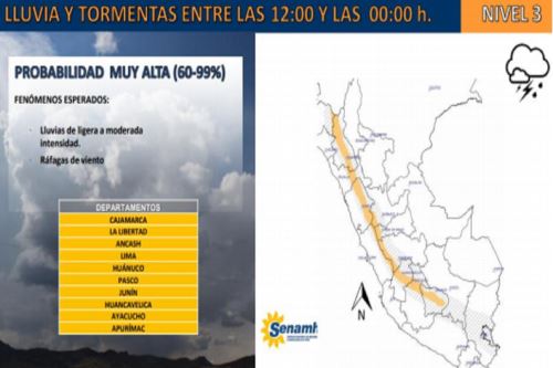 Lluvias de moderada intensidad hasta la medianoche de hoy en Áncash, La Libertad, Junín y otras siete regiones