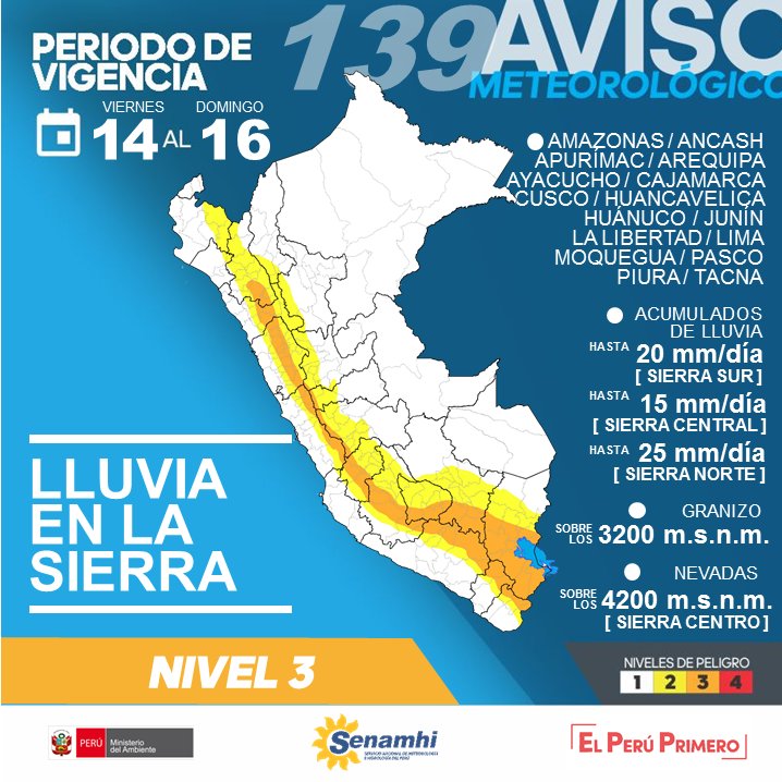 La sierra de 16 departamentos soportará desde hoy lluvias, granizo y nevadas