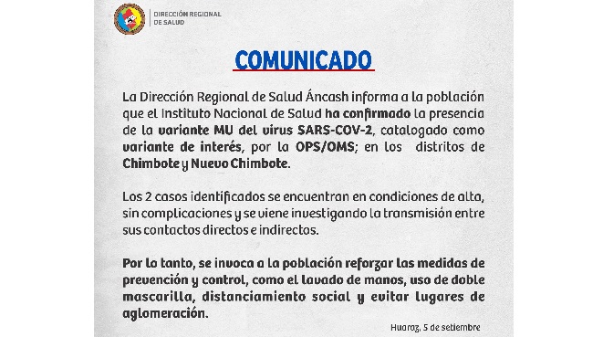 Áncash: Diresa confirma dos casos de la variante MU en Chimbote y Nuevo Chimbote