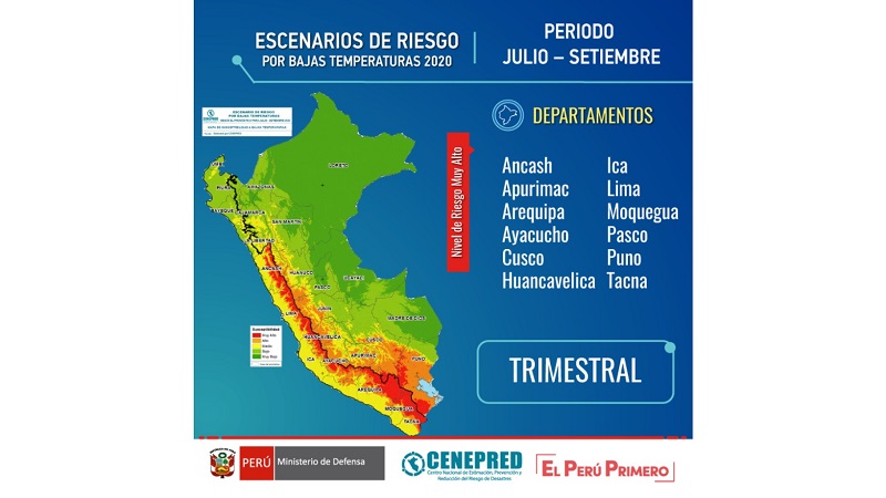 Once departamentos en riesgo muy alto por descenso de la temperatura