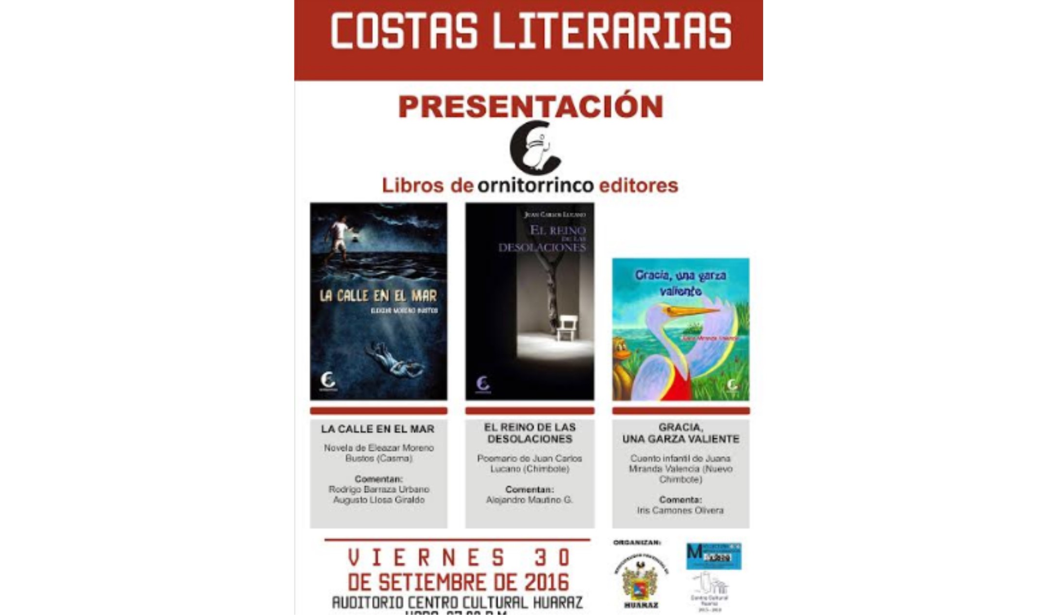 Huaraz: Ornitorrinco Editores  presenta mañana sus tres últimas publicaciones 