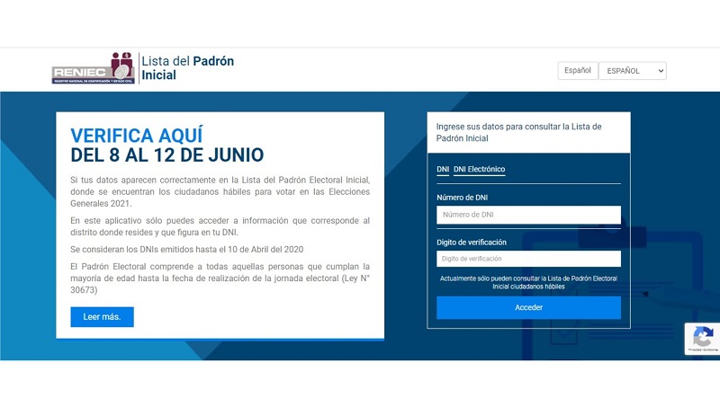 Reniec publica padrón inicial de Elecciones Generales 2021