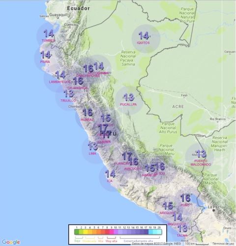 Hoy  se presenta una radiación solar extremadamente alta en 18 regiones