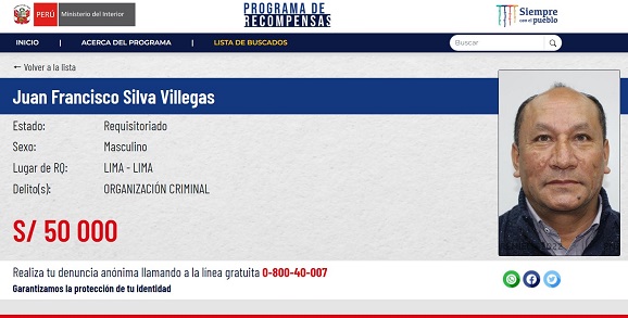 Incluyen a Juan Silva en el Programa de Recompensas y ofrecen S/50 mil por información para su captura 