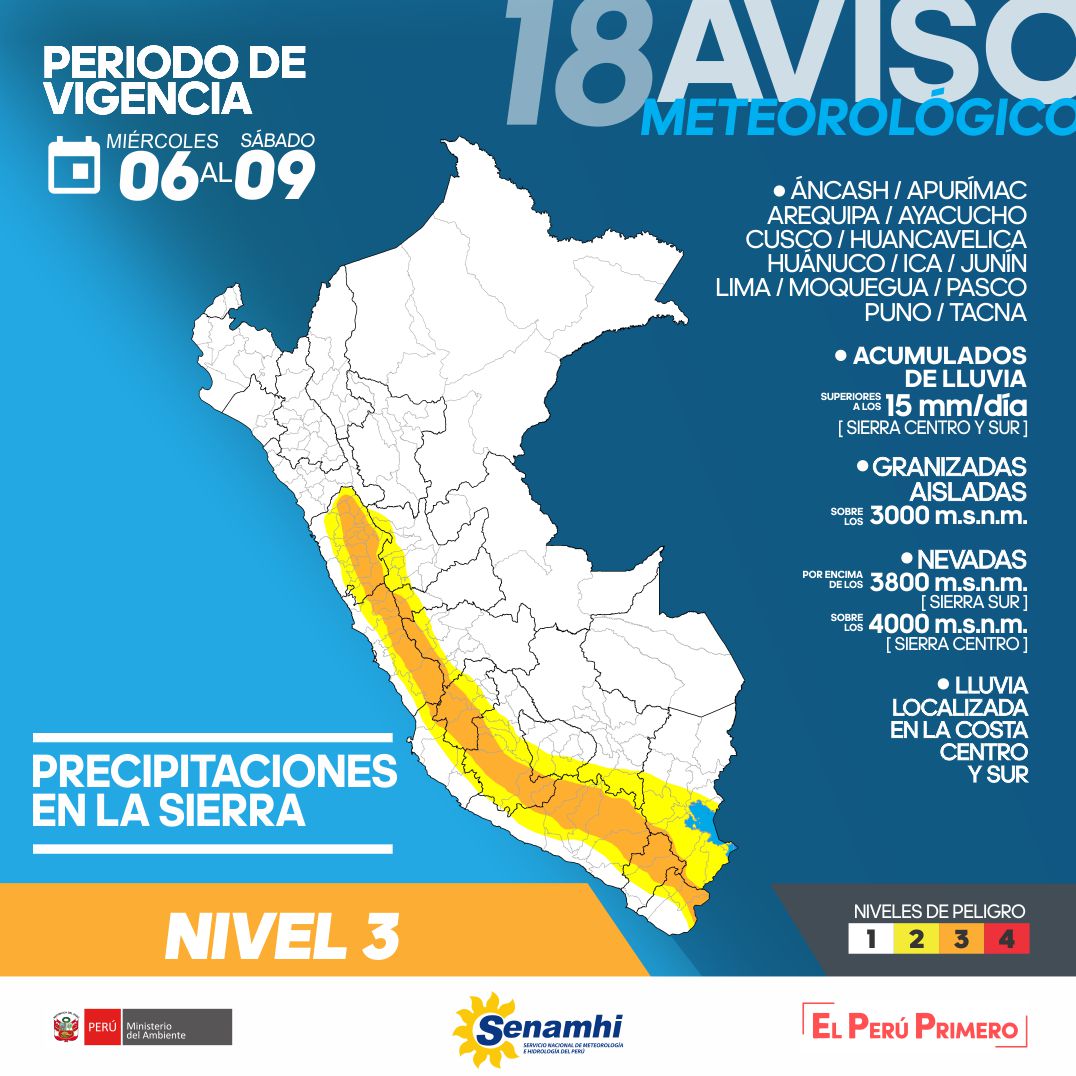 Lluvias de moderada a fuerte intensidad se registrarán en la sierra de 14 regiones