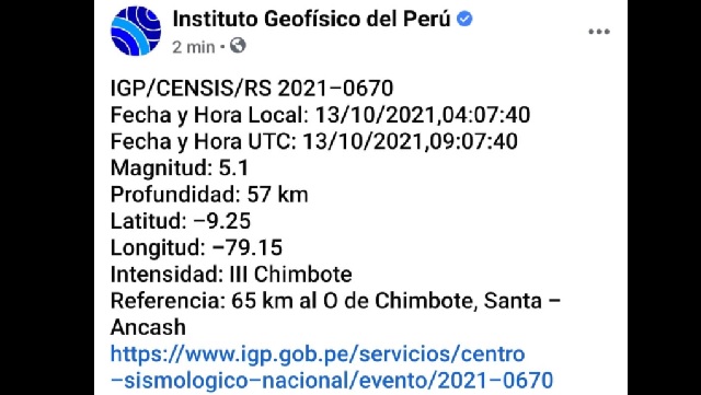 Fuerte sismo de 5.1 grados remeció Chimbote y otras ciudades de la zona costera de Áncash