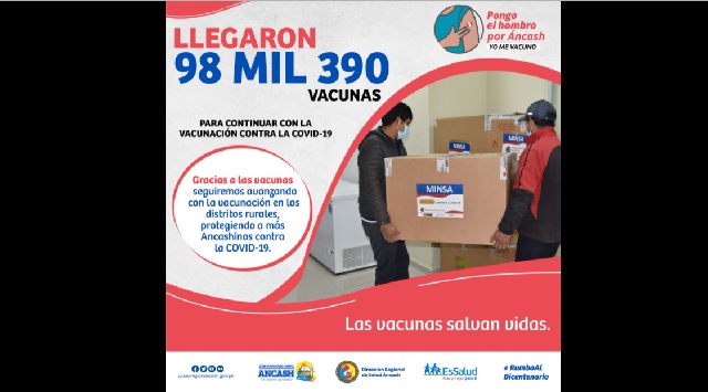 Áncash recibe 98 mil 390 vacunas Pfizer para continuar inmunización contra la Covid-19